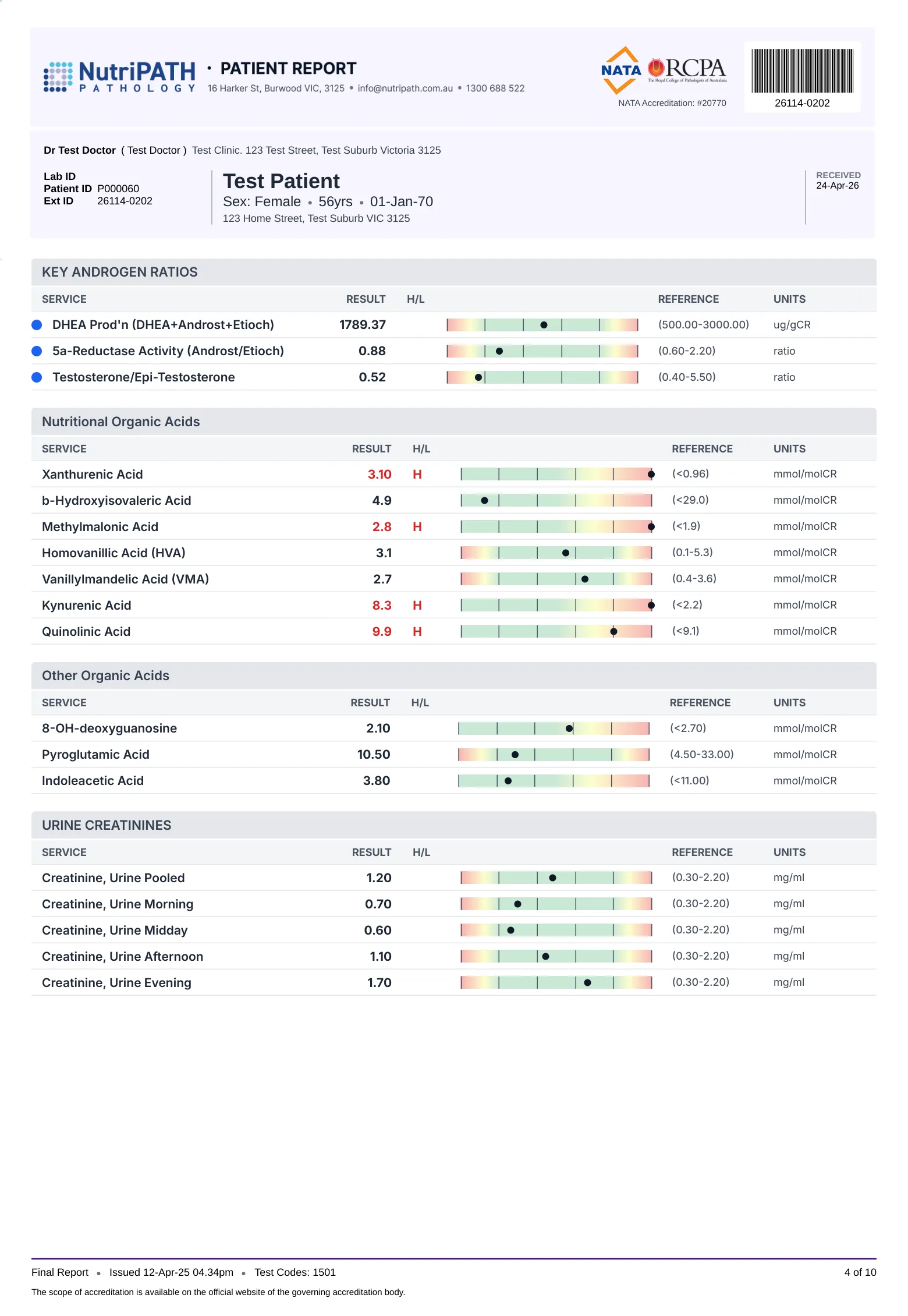 Sample EndoMAP report, page 4: key androgen ratios, nutritional organic acids and urine creatinines.